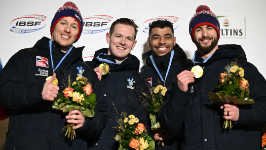 Brad Hall with Greg Cackett Arran Gulliver and Royal Marine Taylor Lawrence in Winterberg CREDIT IBSF