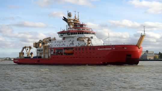 British Antarctic Survey Ship the RRS Sir David Attenborough making its first visit to London on the River Thames