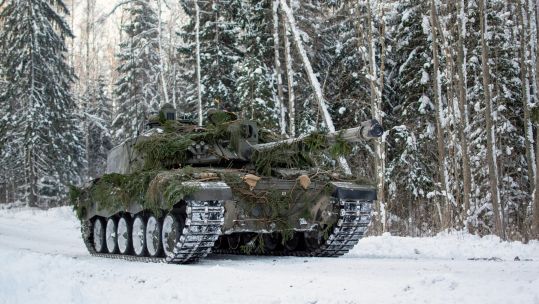 British Army Challenger 2 tank during Exercise Winter Camp in Estonia 110221 CREDIT MOD.