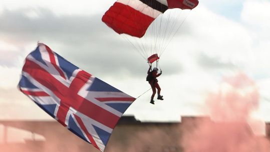 British Army display team the Red Devils performing in Colchester to mark the 80th anniversary of the Parachute Regiment