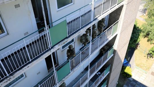 British Army personnel carrying out a training assault on an abandoned tower block in Leeds 