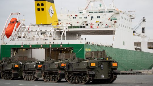 British Army vehicles arriving in Germany for Exercise Cerberus 