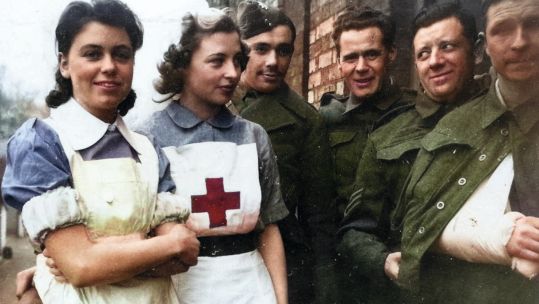 British Red Cross colourised version of Voluntary Aid Detachment nurses with D-Day soldiers