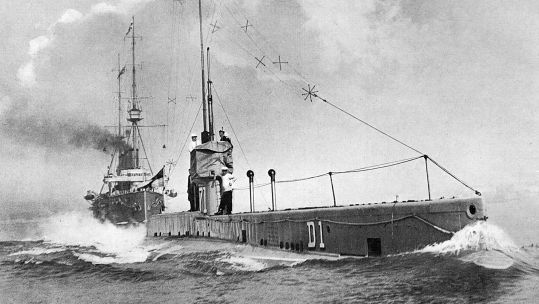 British submarine D 1 with H.M.S. Drake following in her wake