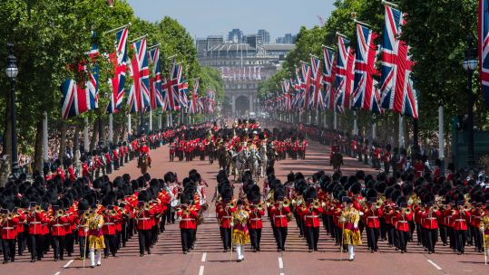 Soldiers Mass Bands and Household Division Marching HM Queen Elizabeth London DNI