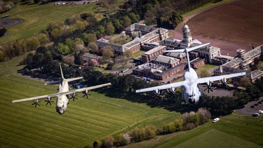 C-130J Hercules and A400M Atlas (right) above RAF College Cranwel in a rehearsal Coronation Flypast (Picture: MOD Crown Copyright).