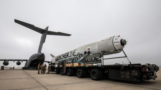 C-17 Globemaster from 99 Sqn RAF Brize Norton unloads Virgin Orbits Launcher One rocket at Cornwall Airport 12102022 CREDIT MOD Crown Copyright.jpg