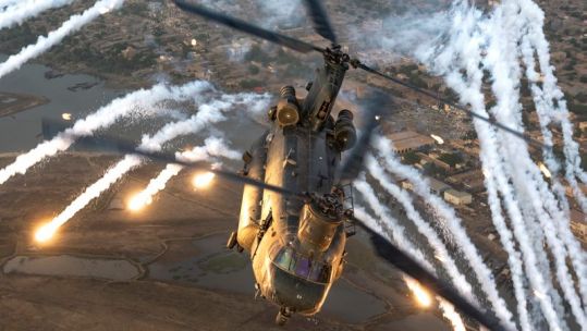 CH47 releases its flares as part of a system test over the river RAF recently recorded 3000 operational flight hours 30032021 CREDIT MOD.jpg