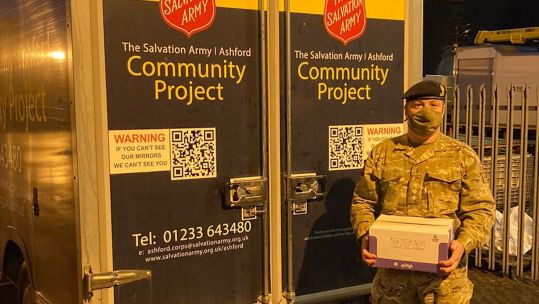 CROPPED Military personnel providing community care packages, having partnered with local charities, in Kent 301220 CREDIT Joint Military Command South East