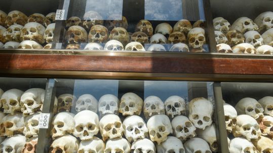 Skull remains of victims of Cambodia genocide. 