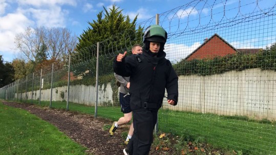 Captain Mark Gibbs Trainee Ammunition Technical Officer (ATO) Defence Academy Shrivenham Bomb Disposal Suit