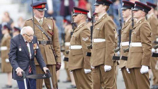 Captain Sir Tom Moore inspecting soldiers as they pass out from the Army Foundation College in his role as honorary colonel