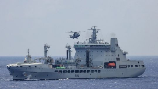 Carrier Strike Group complete vertical replenishment, distributing 25 tonnes of supplies between Royal Navy and partner ships