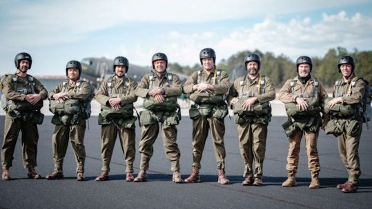 Cast members of Band Of Brothers trained at Camp Toccoa in Georgia, USA, where the original Easy Company trained in 1942, for a jump to mark D Day 80