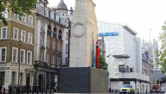 Cenotaph boarded up in central London (Picture: PA).