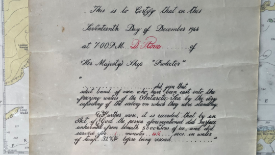 Certificate of iceberg survival HMS Protector 1966 160224 CREDIT DAVID STONE via HMS PROTECTOR