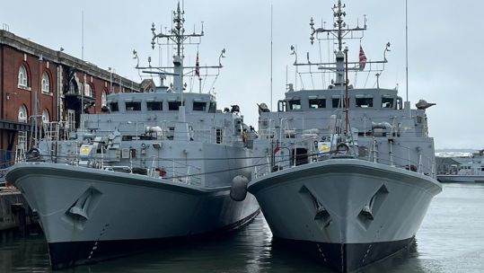Two former Royal Navy vessels, renamed Cherkasy (left) and Chernihiv are the Ukrainian minehunters that have arrived back in the UK.