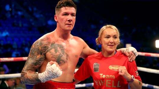Chez Nihell celebrating his first professional victory with wife Alanna Nihell