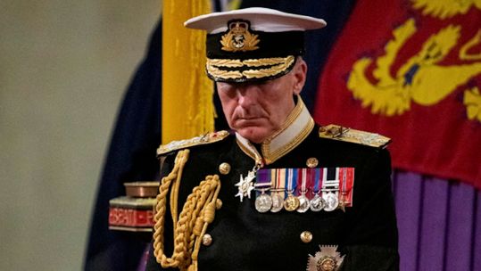 Chief of the Defence Staff Admiral Sir Tony Radakin standing vigil at HM The Queen's coffin with UK's service chiefs 17092022 CREDIT MOD Twitter.jpg