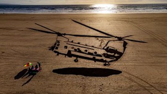 Chinook sand sculpture on Saunton Sands beach in Devon (Picture: MOD Crown Copyright).