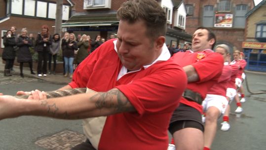 Army Tug of War team on Coronation St set 