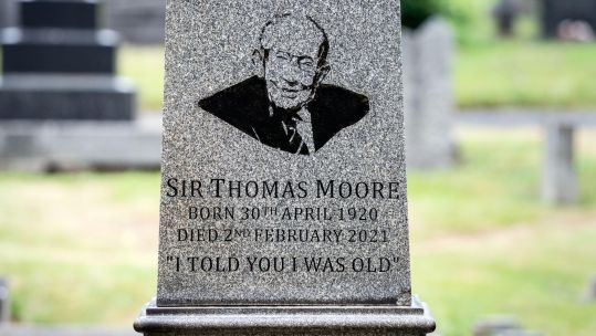 Close up of family grave where Captain Sir Tom Moore's ashes were buried Morton Cemetery, Riddlesden, Keighley 050721 CREDIT PA ALAMY.jpg