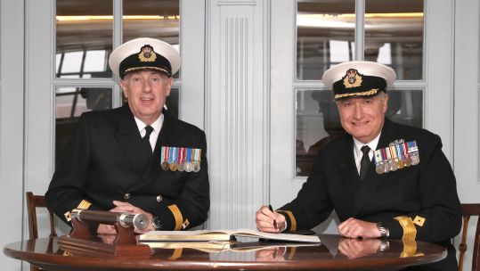 Commodore David Eagles Takes Over as New Head of RFA from Commodore Duncan Lamb in HMS Victorys Great Cabin 30102020 CREDIT ROYAL NAVY