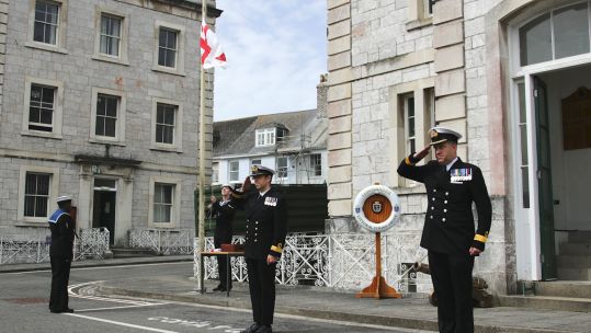 Commodore James Parkin hands over command of Littoral Strike Group to Commodore Rob Pedre in Plymouth (Picture: Royal Navy).