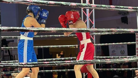 Corporal Mooney of 13AASR RLC beat a strong challenge from Craftsman Worster REME at the Army Boxing Open Individual Championships