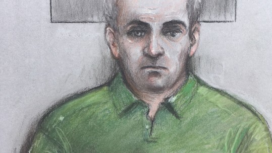 Court artist sketch by Elizabeth Cook of Joseph Isaacs, 39, who has appeared via video at Taunton Crown Court accused of attempting to murder 96-year-old D-Day veteran Jim Booth. PA IMAGE.jpg