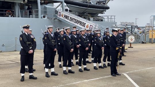 Crew of HMS Enterprise during decommissioning ceremony in Portsmouth
