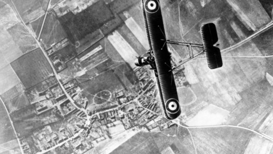 An FE.2b two-seat fighter pictured high above the trenches on the Western Front 1918