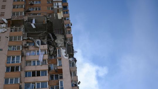 Damage to a building is seen after a rocket strike on an apartment building in Kyiv, Ukraine on Saturday (Picture: Justin Yau, Sipa /USA /ALAMY).