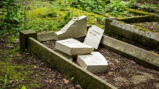 Damaged gravestones in Hirst Wood burial 070619 CREDIT Hirst Wood Regeneration Group