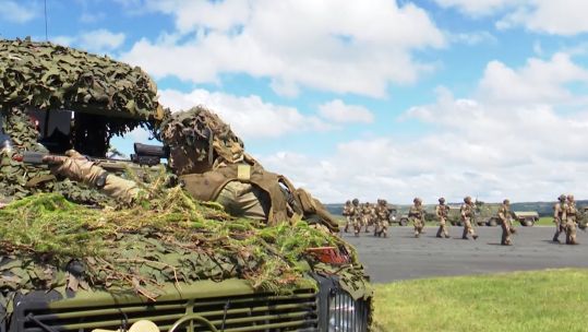 Danish Royal Guard Hussars working with the Royal Lancers on Exercise Lucknow Lancer practising how to storm an enemy air base 29072022 CREDIT BFBS.jpg