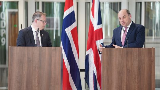 Defence Secretary Ben Wallace (right) during a press conference with Norwegian defence minister Bjorn Arild Gram, at Permanent Joint HQ in Northwood 180523 NO REUSE CREDIT PA
