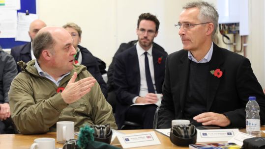 Defence Secretary, Ben Wallace speks with the Secretary General of NATO, Jens Stoltenberg, at Lydd Camp 09112022 CREDIT MOD Crown Copyright.jpg