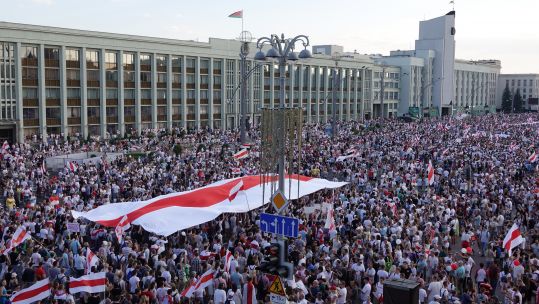 Demonstrators gather in Independence Square in Minsk, Belarus, to protest the recent re-election of ruler Alexander Lukashenko 