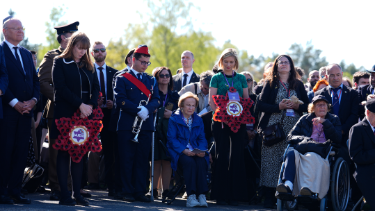 Deputy Prime Minister Angela Rayner,Holocaust survivors Mala Tribich, and Susan Pollack  and Countdown star Rachel Rileyduring a service at Bergen Belsen CREDIT PA