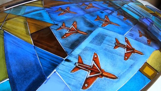 Designs for stained glass, including Red Arrows, which pays tribute to RAF Scampton
