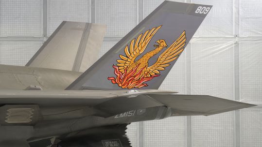 Detail on the tail of an F-35 Lightning stealth jet
