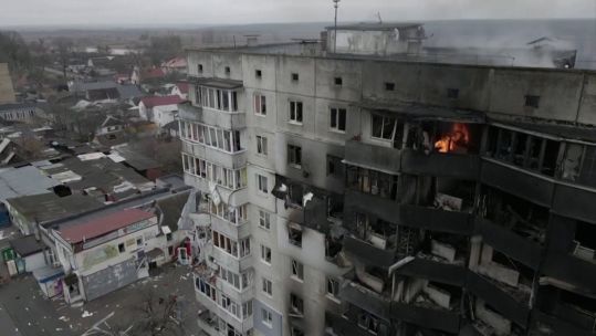 Drone footage shows the debris and devastation in Borodyanka, a town near Kiev