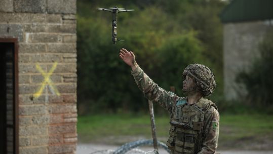 Drone operator from 2nd Battalion The Royal Yorkshire Regiment launches Defendtex D40 drone Imber Village, Salisbury Plain 180924 CREDIT MOD