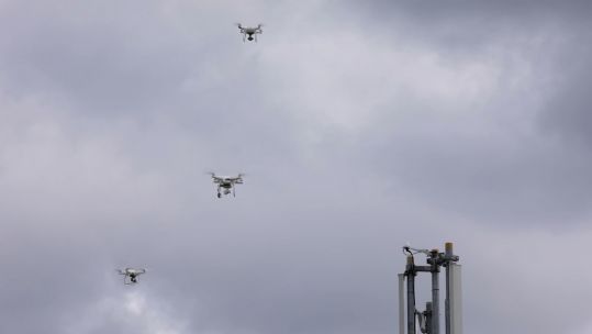 Drones fly above building in Ukraine DATE UNKNOWN used on 140422 CREDIT NATO.jpg 