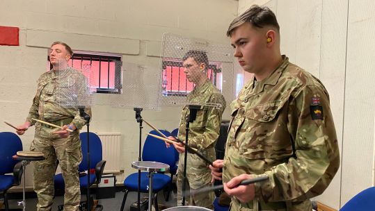 Drummers in session on Beginners Course at the Army School of Ceremonial in Catterick Corps of Drum 12012022 CREDIT BFBS