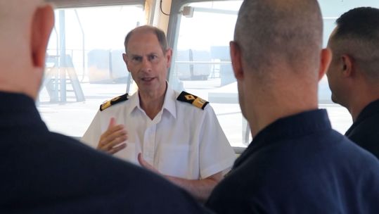 Duke of Edinburgh goes on board RFA ship Cardigan Bay in Bahrain 06102023 CREDIT BFBS