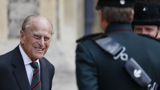 Duke of Edinburgh speaks to a bugler at Windsor Castle during a ceremony for the transfer of the Colonel-in-Chief of the Rifles from the Duke to the Duchess of Cornwall 220720 CREDIT PA