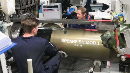 Engineers on HMS Audacious prepare to fire upgrade Spearfish torpedo at special range in the Bahamas 120521 CREDIT ROYAL NAVY