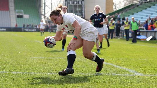 Cover image: Amy Cokayne scoring for England in the 2017 Six Nations (Picture: PA).