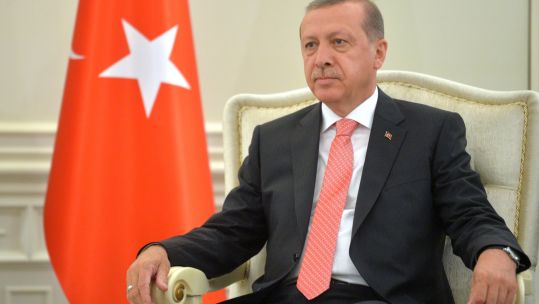 President Erdogan has spoken to reporters before heading to Washington (Picture: Kremlin).